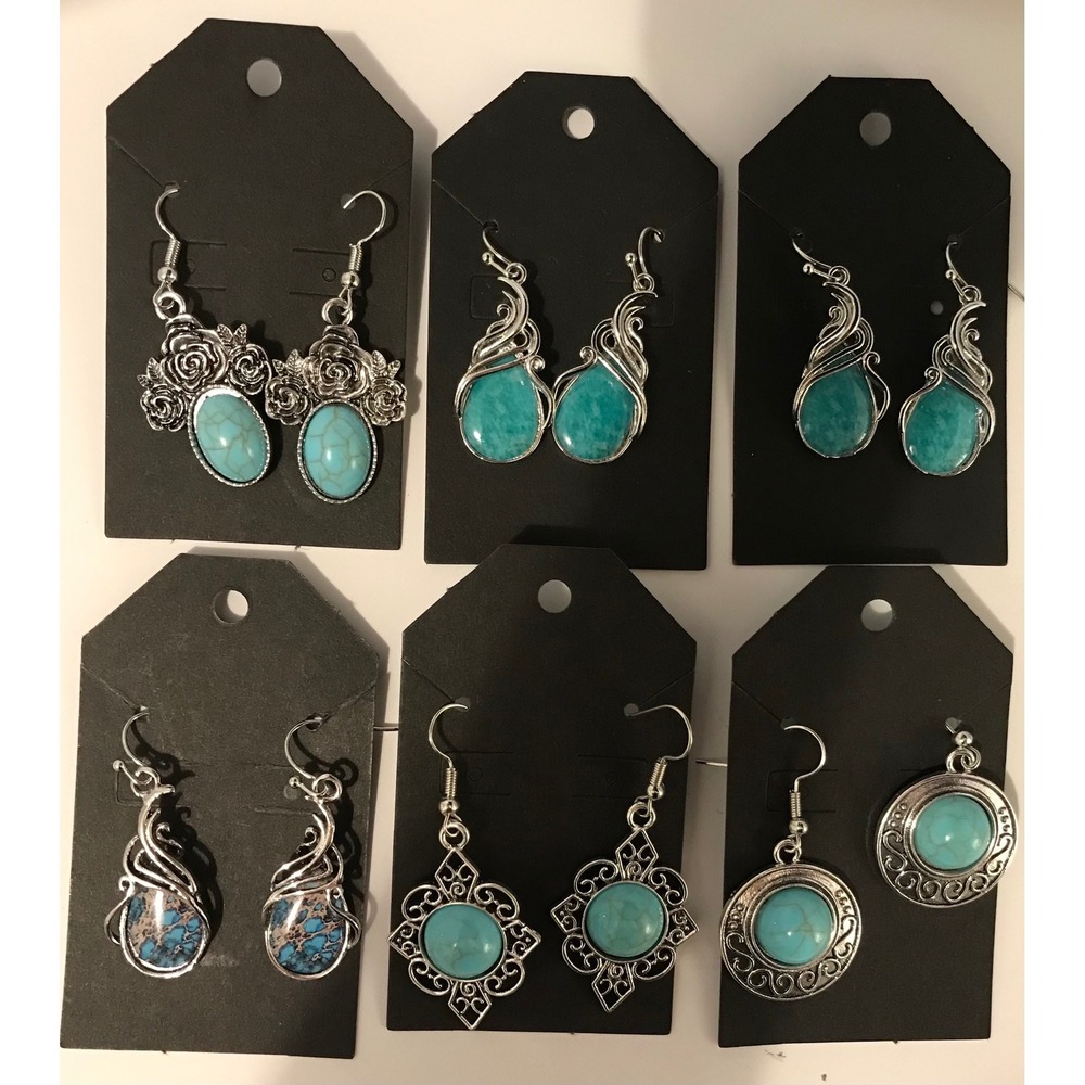 12 Pairs Boho Turquoise Silver Tone Earring Lot Southwestern Feather Floral Moon - Picture 2 of 3